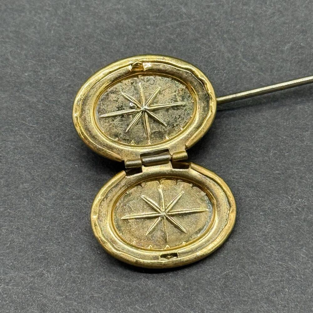 Vintage Gold Tone Oval Locket Stick Pin Etched Starburst Celestial Lapel Hat Pin - Picture 7 of 8